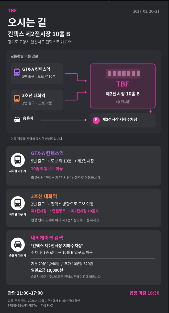 킨텍스 제2전시장 10홀 B 교통 안내. GTX-A 킨텍스역 5번 출구에서 도보 약 10분, 3호선 대화역 2번 출구에서 제2전시장으로 이동, 차량은 제2전시장 지하주차장 이용